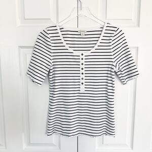Sundance Rib Knit Striped Henley Top Lettuce Hem Scoop Neck